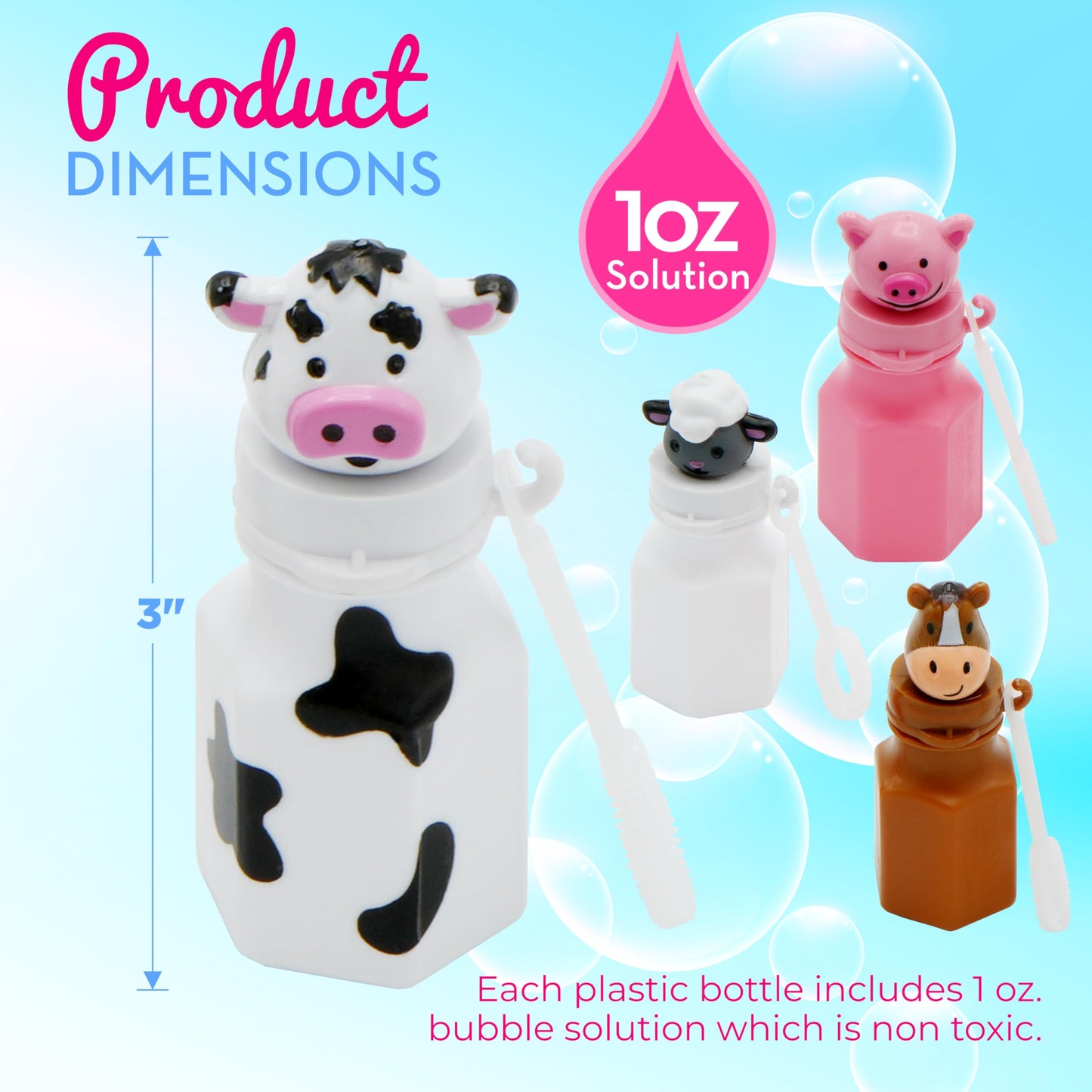 4E's Novelty Farm Animals Bubbles – 24 Pack Barnyard Party Favors with Wands (Horse, Sheep, Pig, Cow)