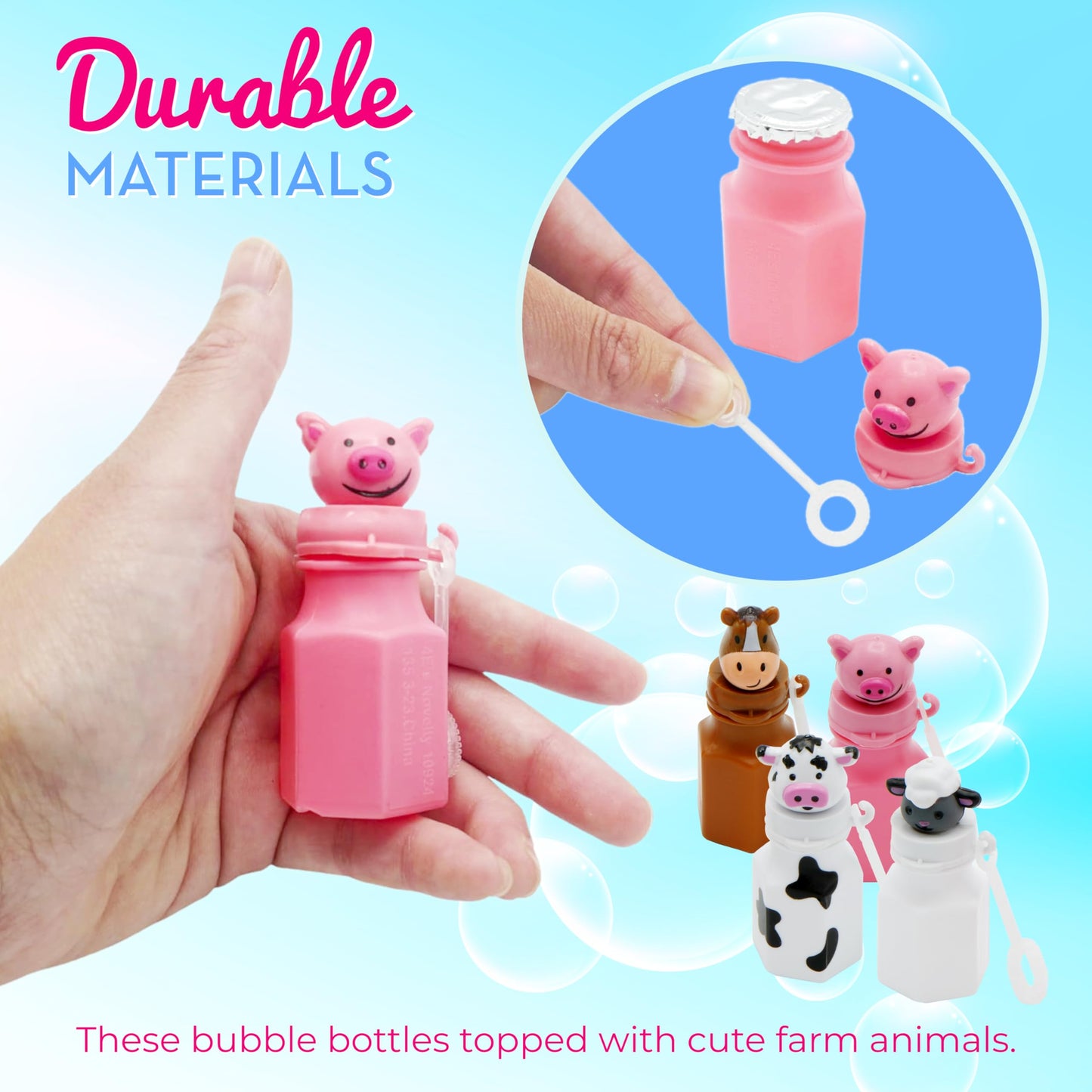 4E's Novelty Farm Animals Bubbles – 24 Pack Barnyard Party Favors with Wands (Horse, Sheep, Pig, Cow)