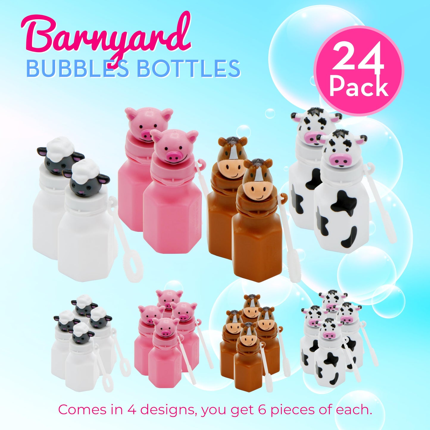 4E's Novelty Farm Animals Bubbles – 24 Pack Barnyard Party Favors with Wands (Horse, Sheep, Pig, Cow)