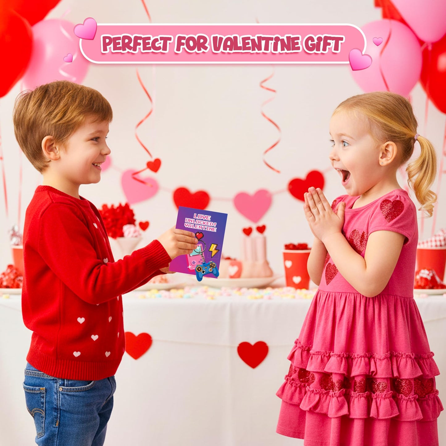 4E's Novelty 30-Pack Video Game Valentines Cards with Gamer Keychain – Classroom Bulk Valentines for Kids