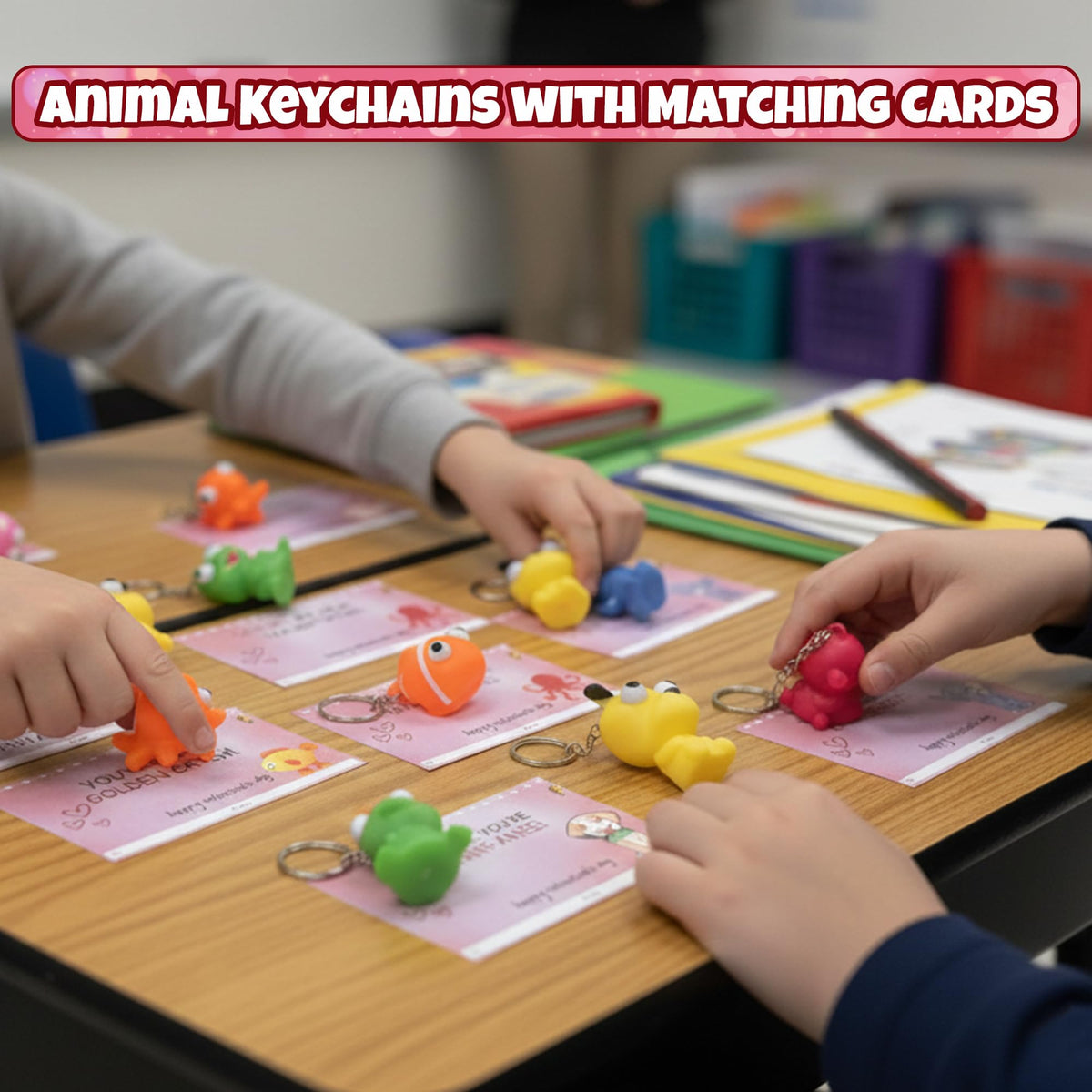 4E's Novelty 24 Pack Valentines Cards with Popping Eye Animals - Squeeze Toy Keychains & Cards for Kids