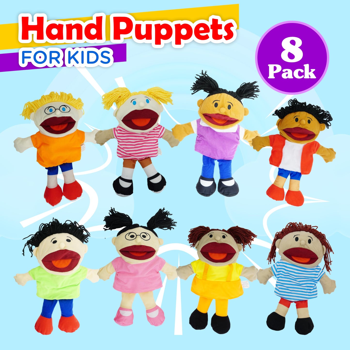 4E's Novelty Multicultural Hand Puppets – 8 Pack with Movable Mouth for Kids 4-8 | Classroom & Home Theater
