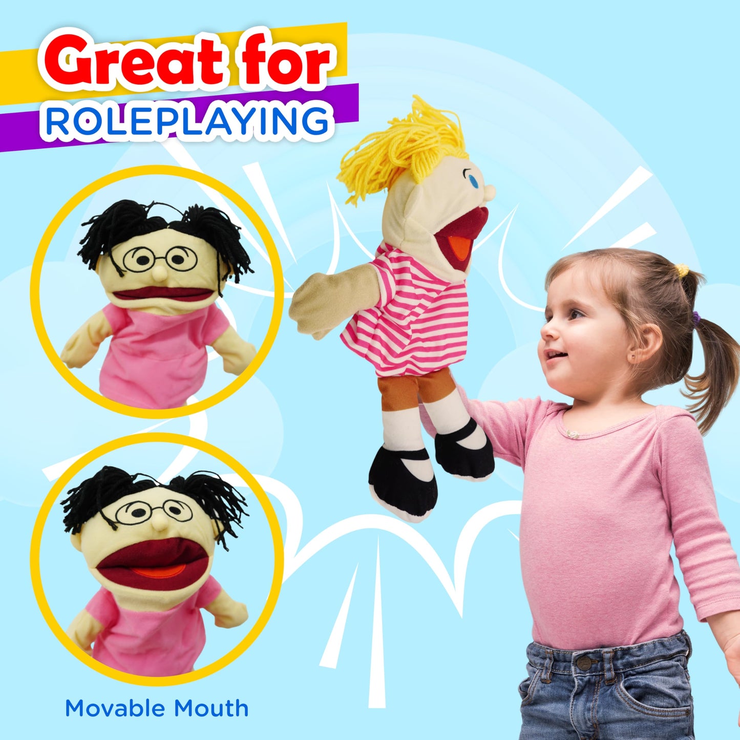 4E's Novelty Multicultural Hand Puppets – 8 Pack with Movable Mouth for Kids 4-8 | Classroom & Home Theater