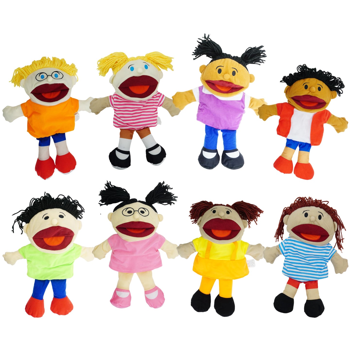 4E's Novelty Multicultural Hand Puppets – 8 Pack with Movable Mouth for Kids 4-8 | Classroom & Home Theater