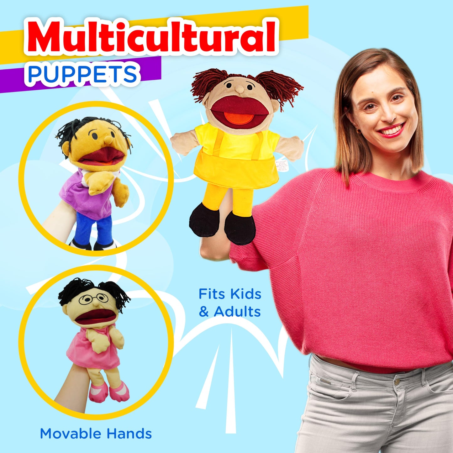 4E's Novelty Multicultural Hand Puppets – 8 Pack with Movable Mouth for Kids 4-8 | Classroom & Home Theater