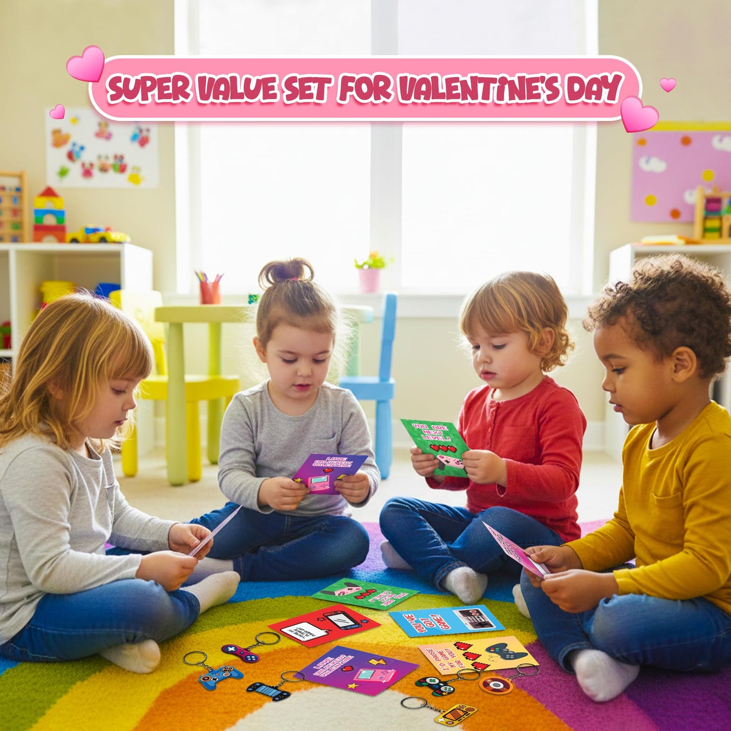4E's Novelty 30-Pack Video Game Valentines Cards with Gamer Keychain – Classroom Bulk Valentines for Kids