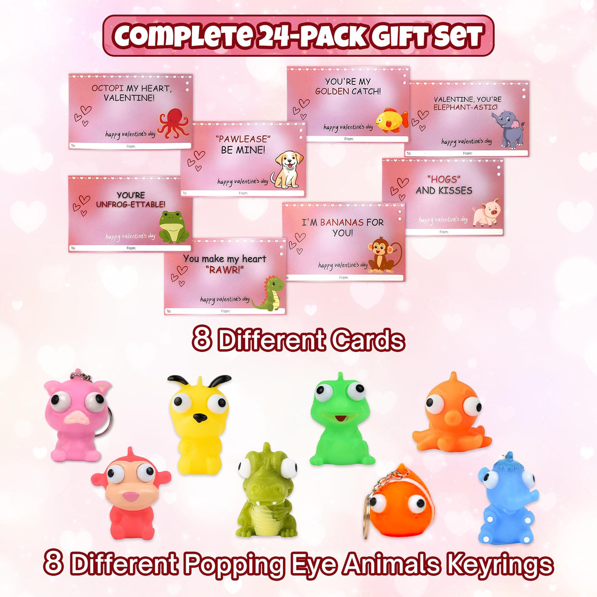 4E's Novelty 24 Pack Valentines Cards with Popping Eye Animals - Squeeze Toy Keychains & Cards for Kids