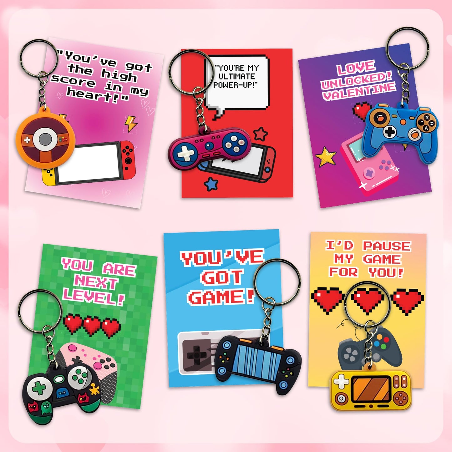 4E's Novelty 30-Pack Video Game Valentines Cards with Gamer Keychain – Classroom Bulk Valentines for Kids