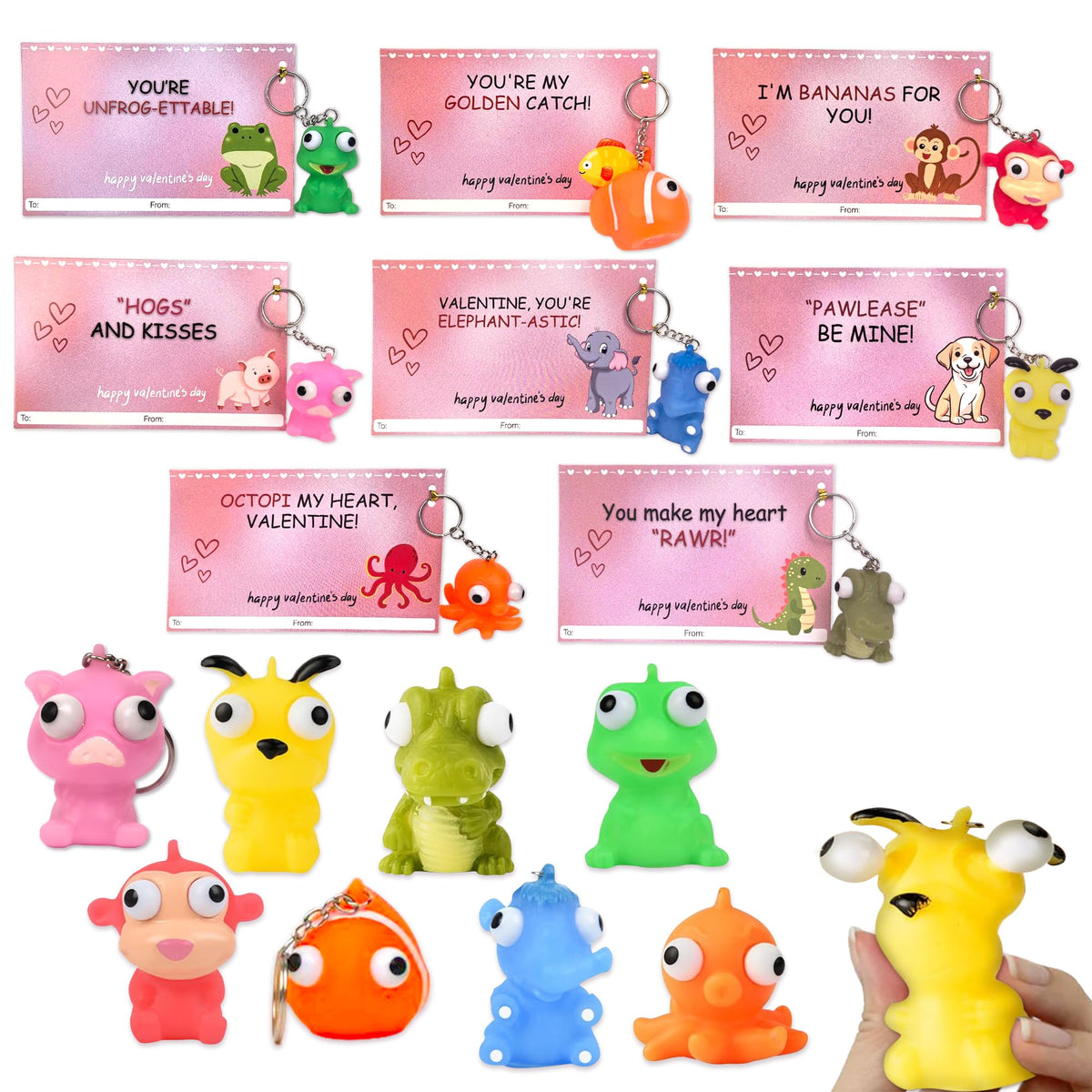 4E's Novelty 24 Pack Valentines Cards with Popping Eye Animals - Squeeze Toy Keychains & Cards for Kids
