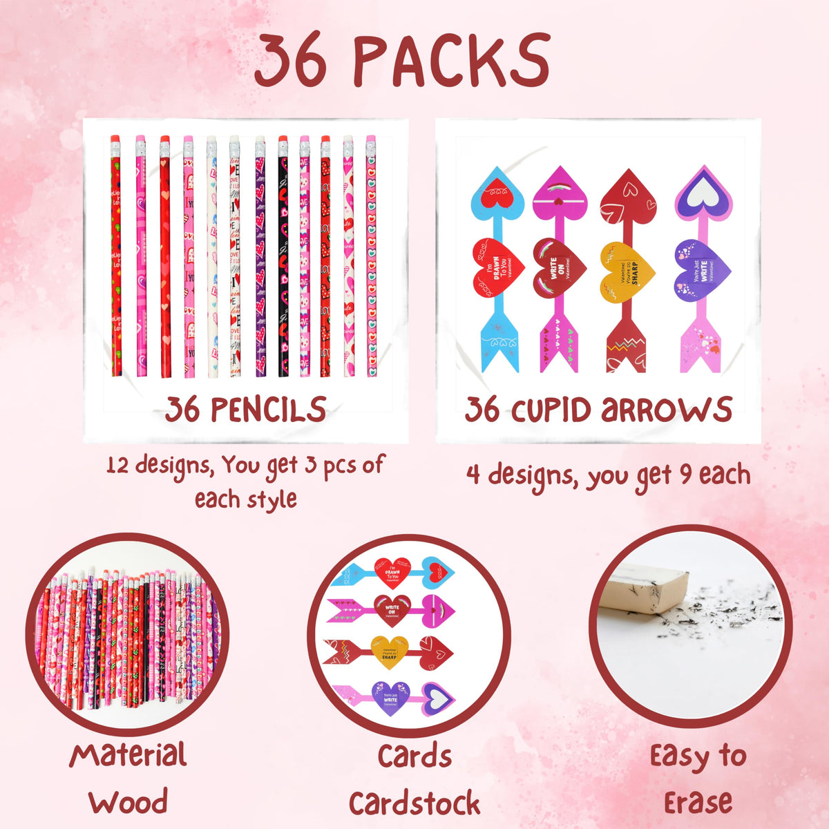 4E's Novelty 36 Pack Valentines Day Cards & Pencils for Kids - Cupid Design