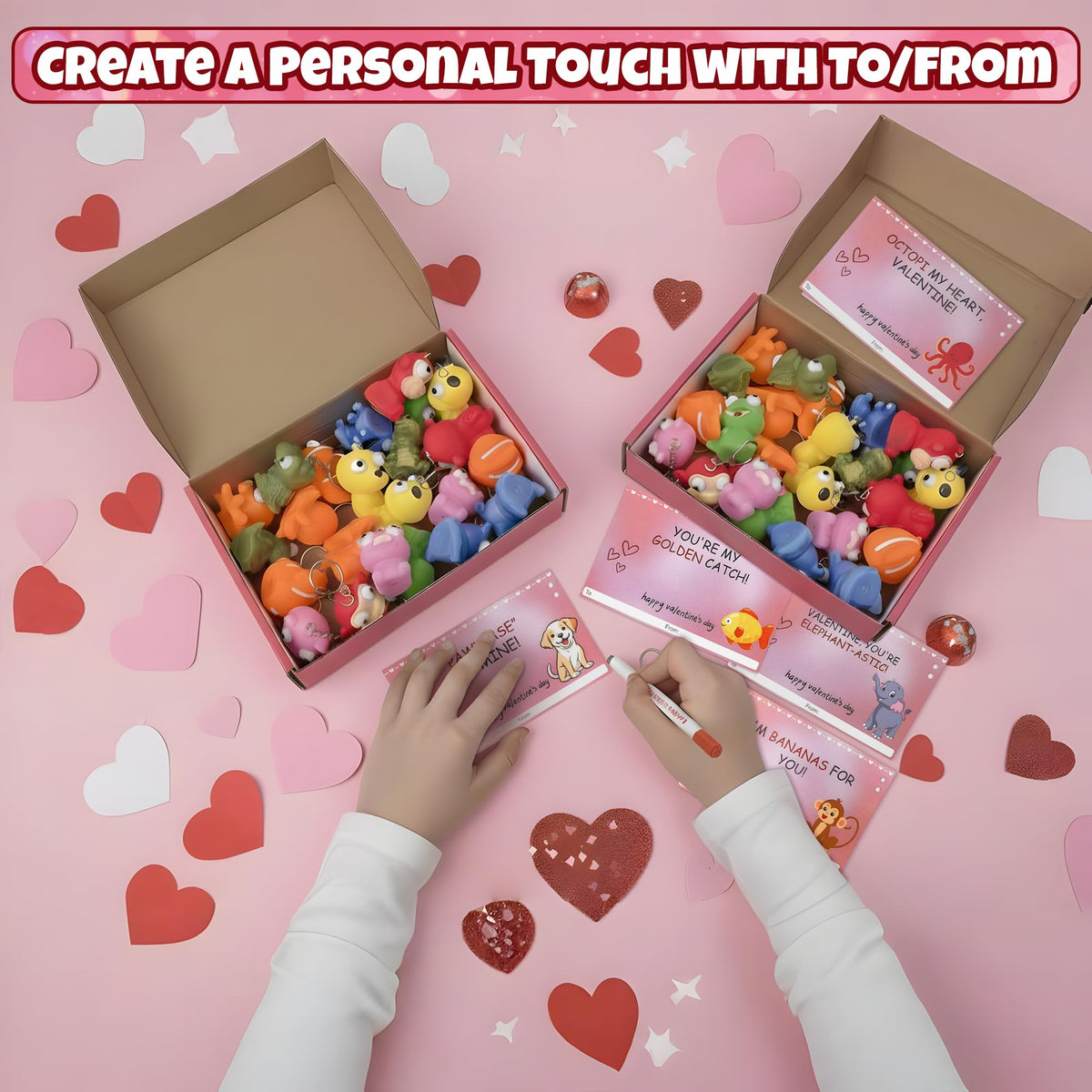 4E's Novelty 24 Pack Valentines Cards with Popping Eye Animals - Squeeze Toy Keychains & Cards for Kids