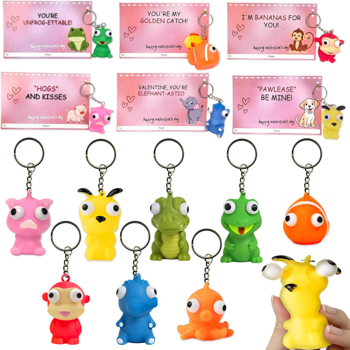 4E's Novelty 24 Pack Valentines Cards with Popping Eye Animals - Squeeze Toy Keychains & Cards for Kids