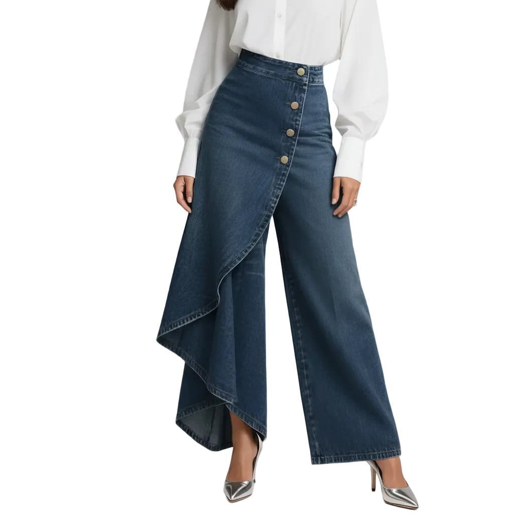 Ruffled Buttoned Trousers, Women's Faux Denim Pants| Premium Modest Fashion