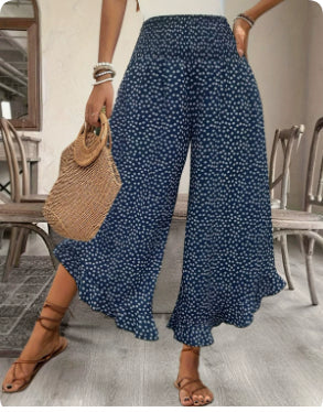 Casual Polka-dot Loose-fitting High Waist Tight Waist Wide Leg Pants