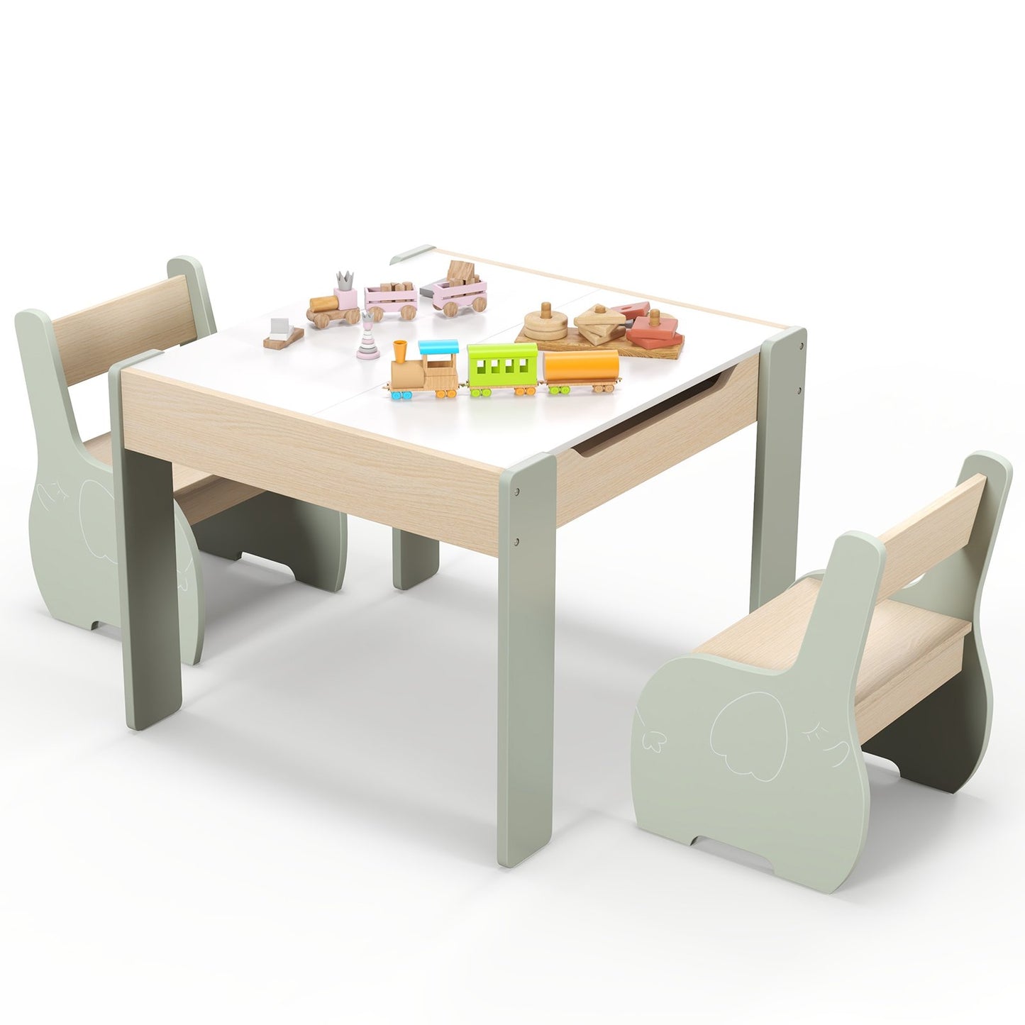 Wooden Kids Table and Chair Set with Hidden Storage-Gray & White