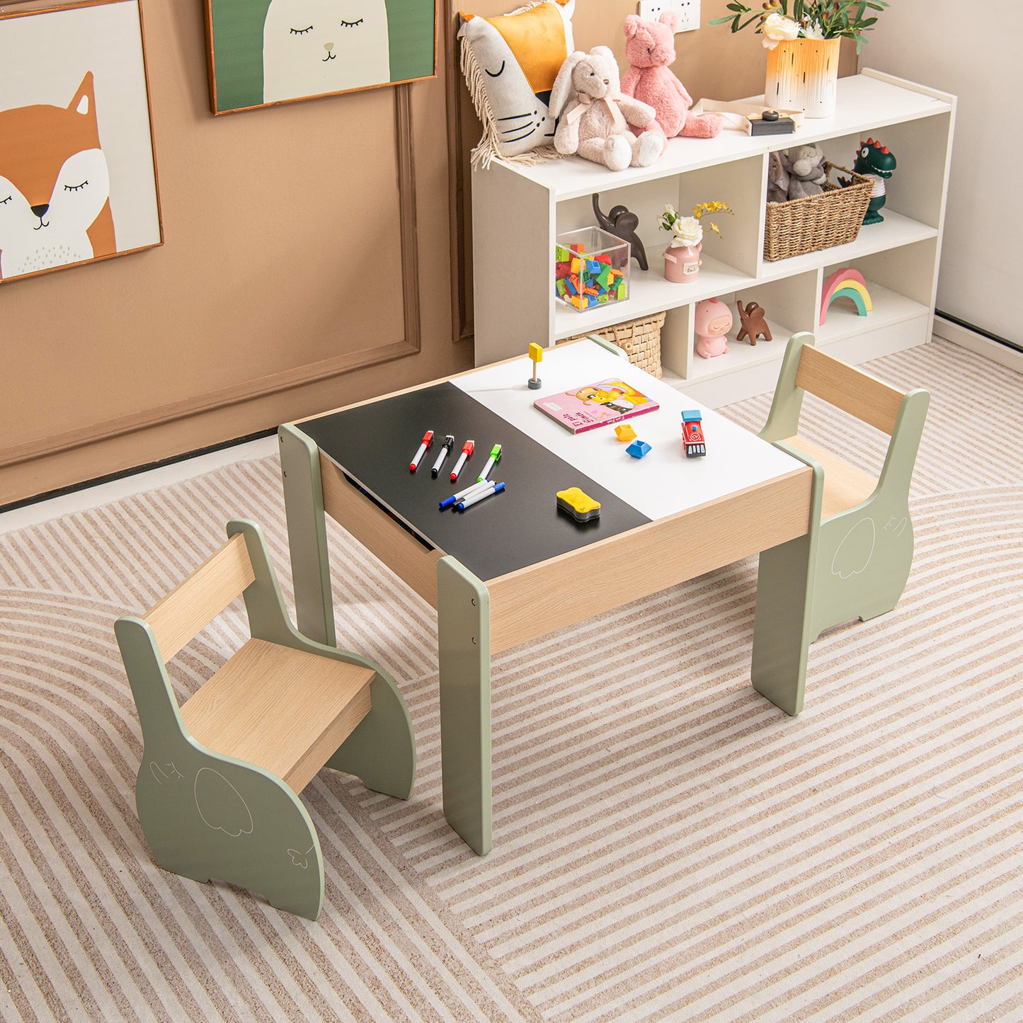 Wooden Kids Table and Chair Set with Hidden Storage-Gray & White
