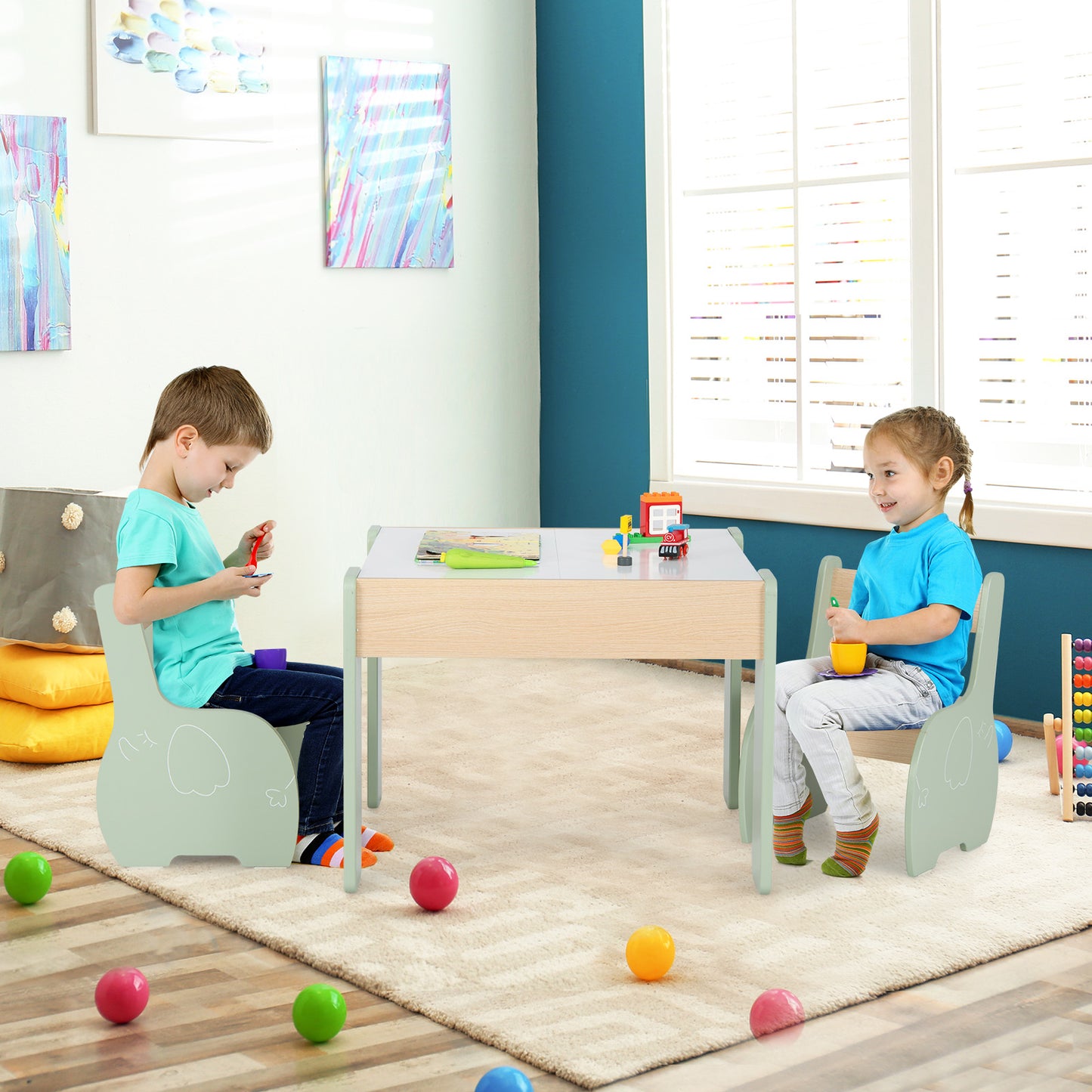 Wooden Kids Table and Chair Set with Hidden Storage-Gray & White