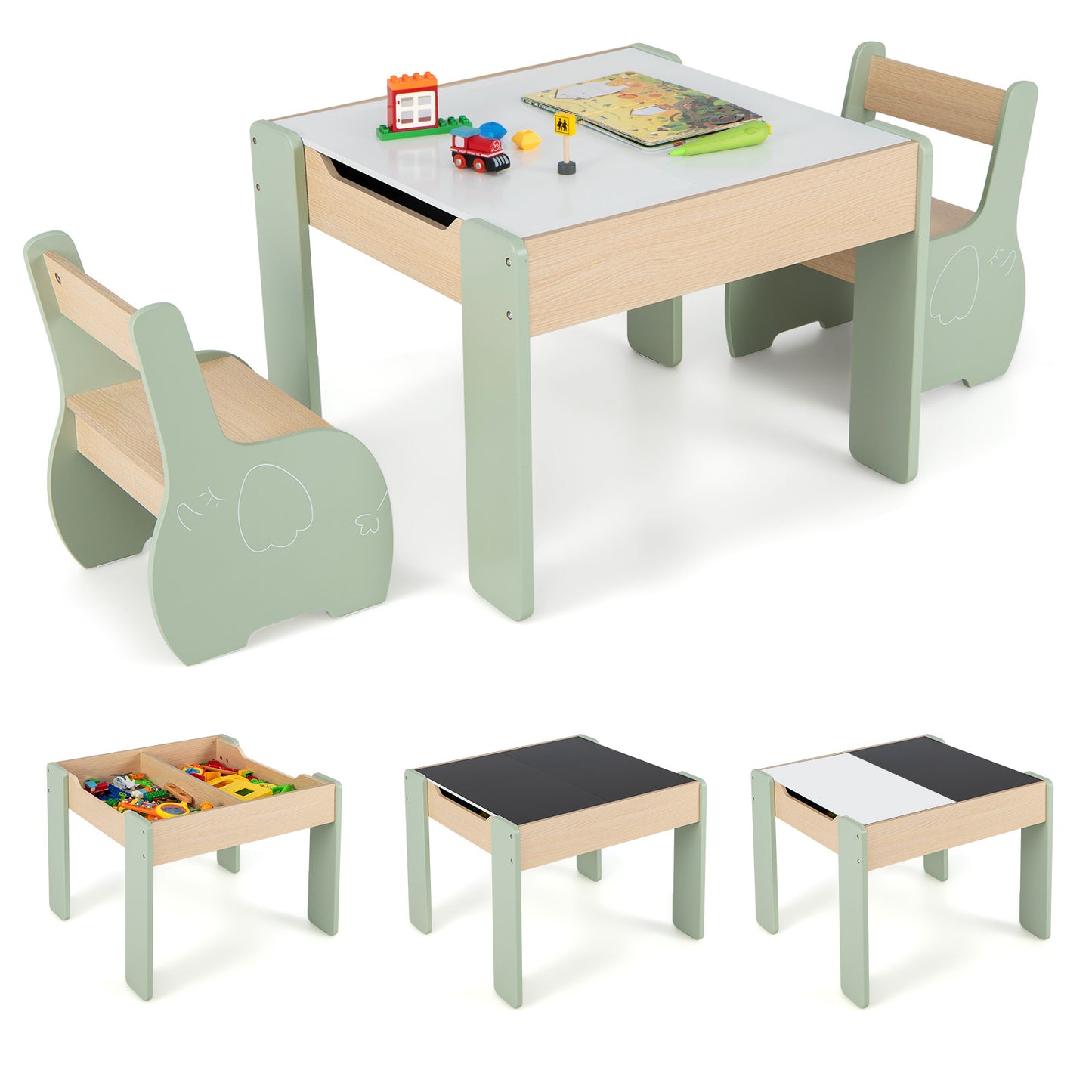 Wooden Kids Table and Chair Set with Hidden Storage-Gray & White