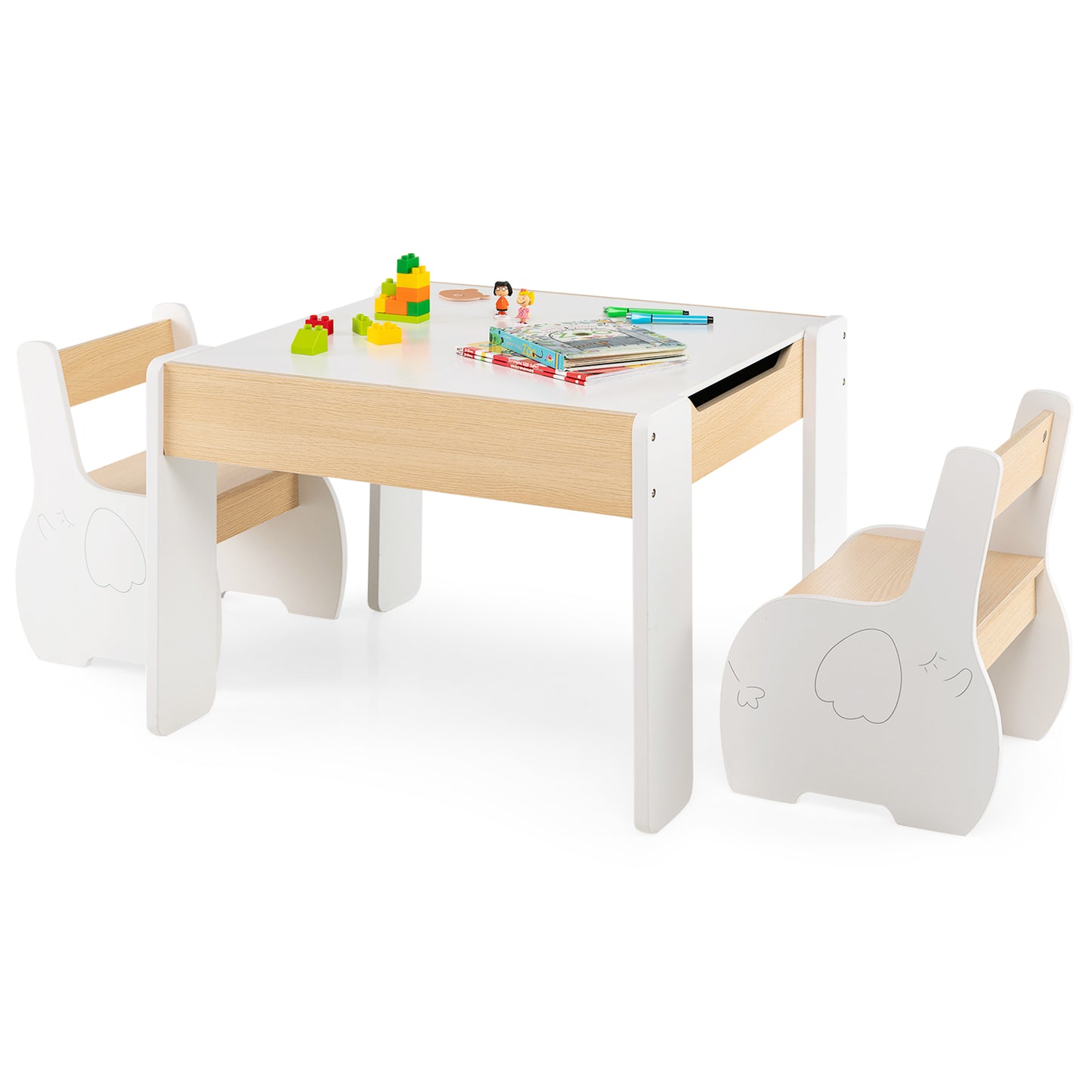 Wooden Kids Table and Chair Set with Hidden Storage-Gray & White