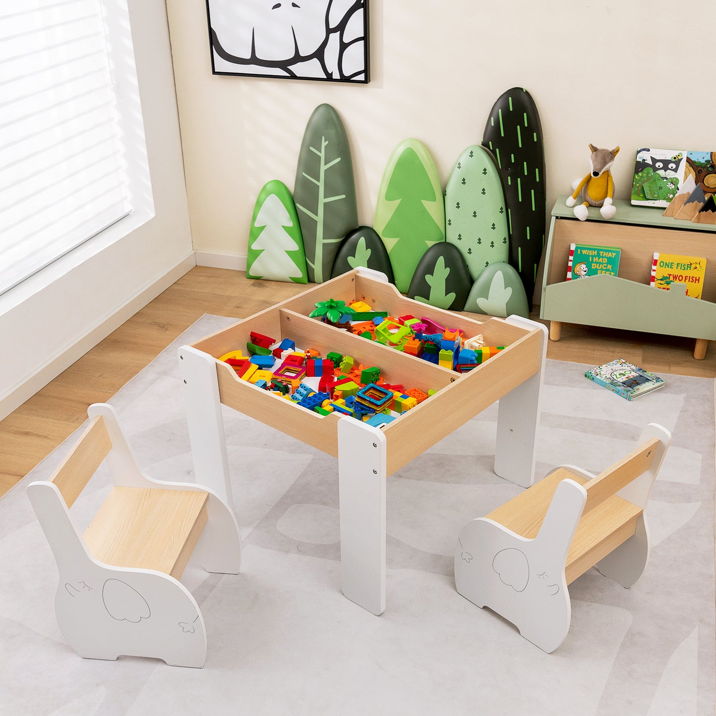 Wooden Kids Table and Chair Set with Hidden Storage-Gray & White