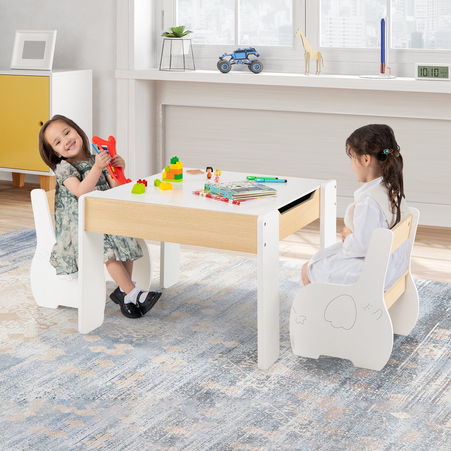 Wooden Kids Table and Chair Set with Hidden Storage-Gray & White