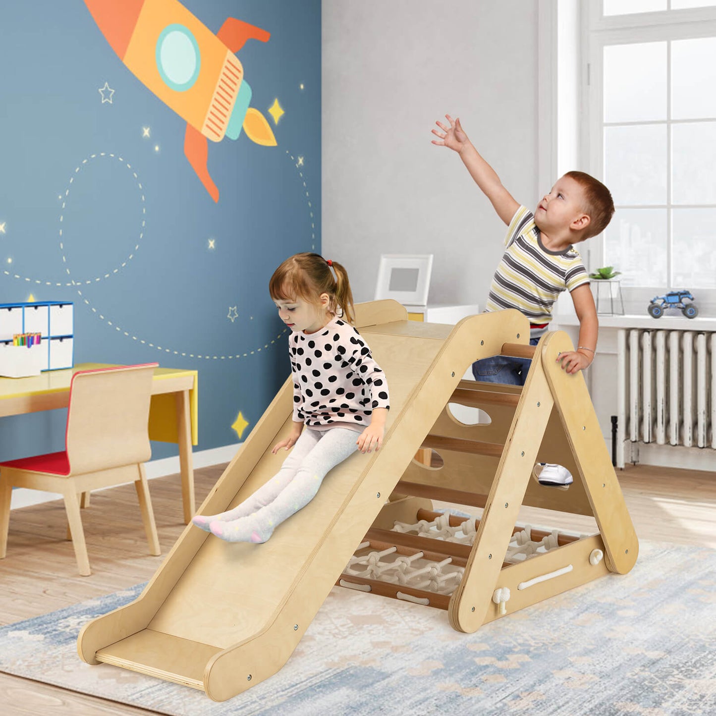 4-in-1 Wooden Triangle Climbing Set with Ramp Sliding Board-Colourful