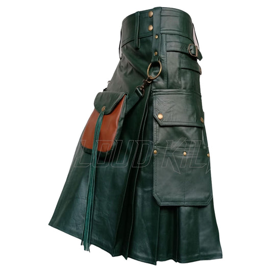 Men's Green Leather Kilt with Sporran – Handmade Real Leather Scottish Highland Kilt 24" Drop | Made to Order