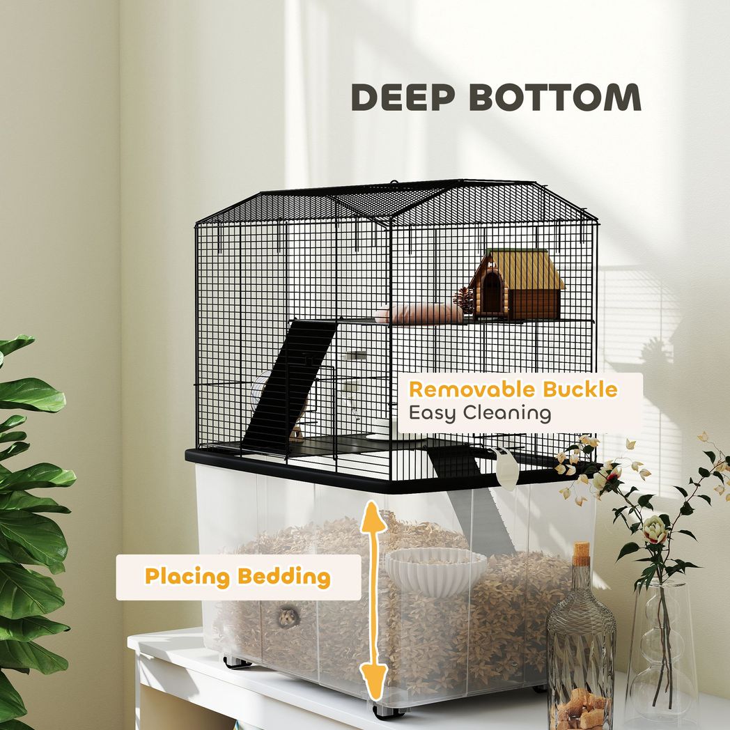 PawHut Hamster Cage, Three-Tier Gerbil Cage w/ Deep Bottom, Ramp, Food Dish