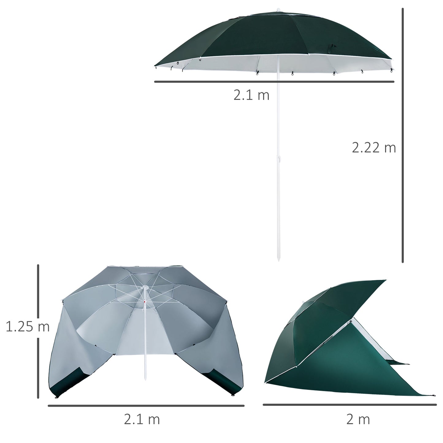 Outsunny 2m UV Protection Fishing Beach Umbrella Brolly Shelter w/Side Panel Tent Green