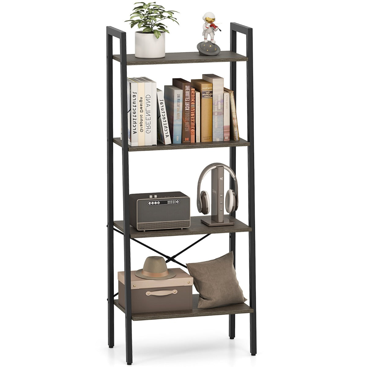 4-Tier Bookshelf with Metal Frame-Rustic Brown