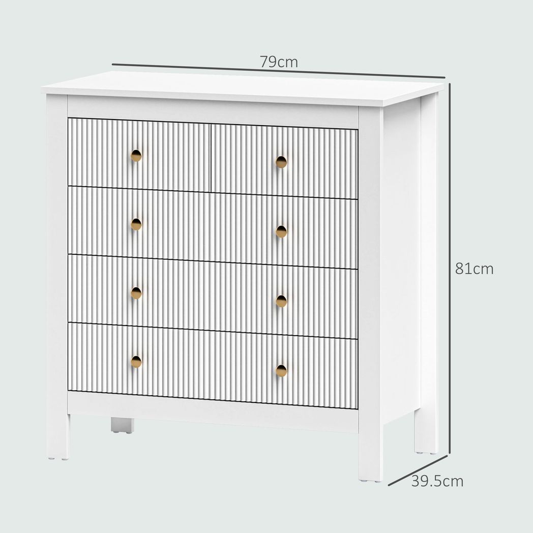 HOMCOM Fluted Bedroom Chest of Drawers w/ 5 Drawers Gold Tone Handles
