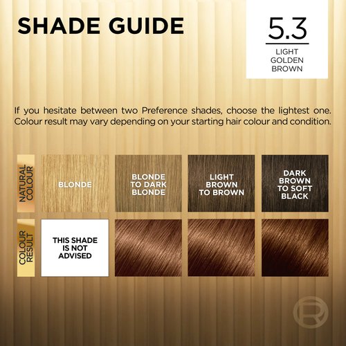 L'Oréal Préférence 5.3 Light Golden Brown Luminous, Fade-Defying Permanent Hair Colour for At-Home Use