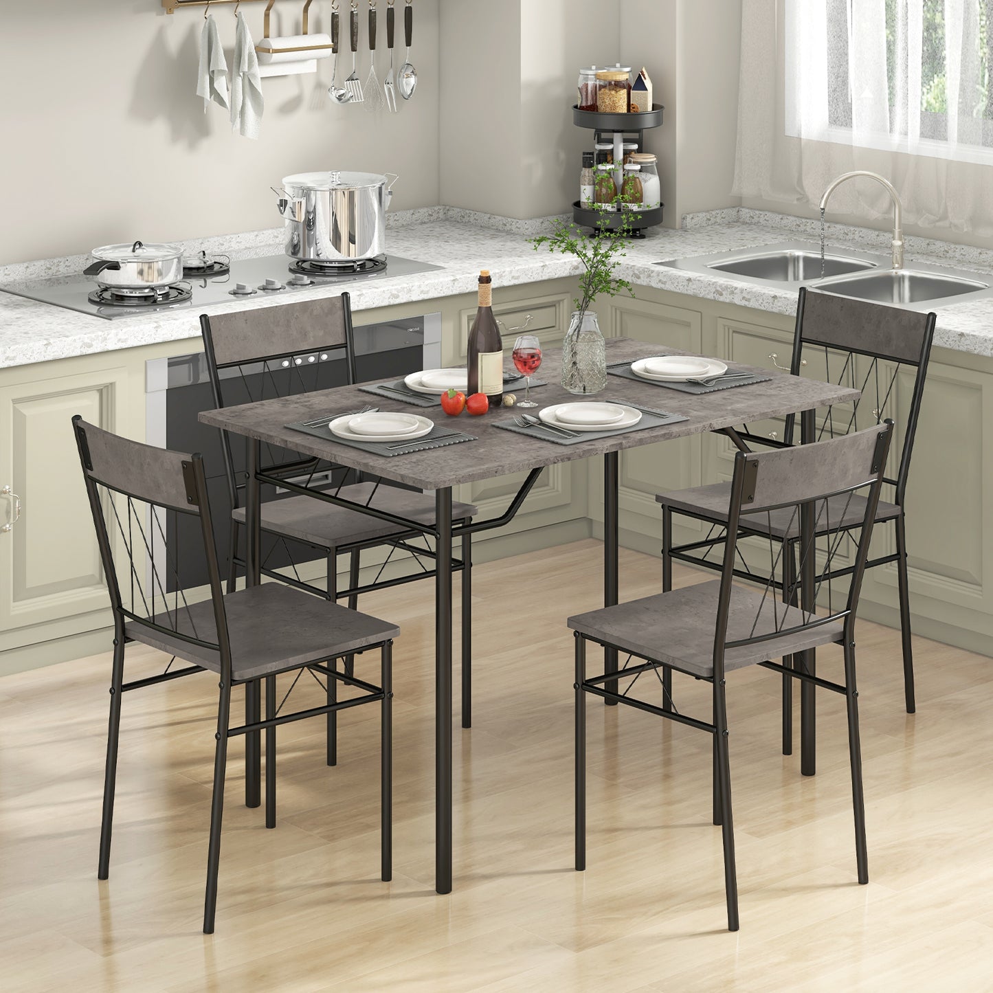 5-Piece Dining Table Set for 4 with Metal Frame for Living Room-Black