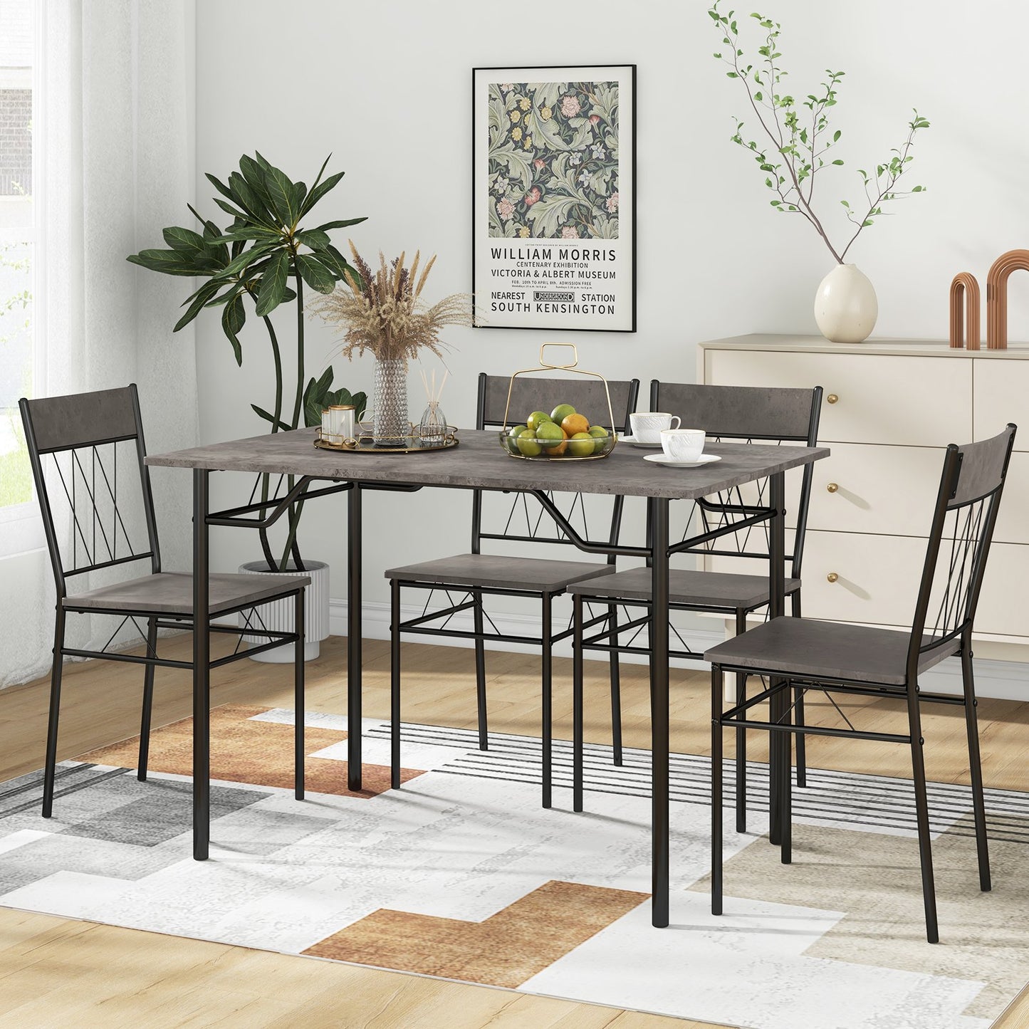 5-Piece Dining Table Set for 4 with Metal Frame for Living Room-Black