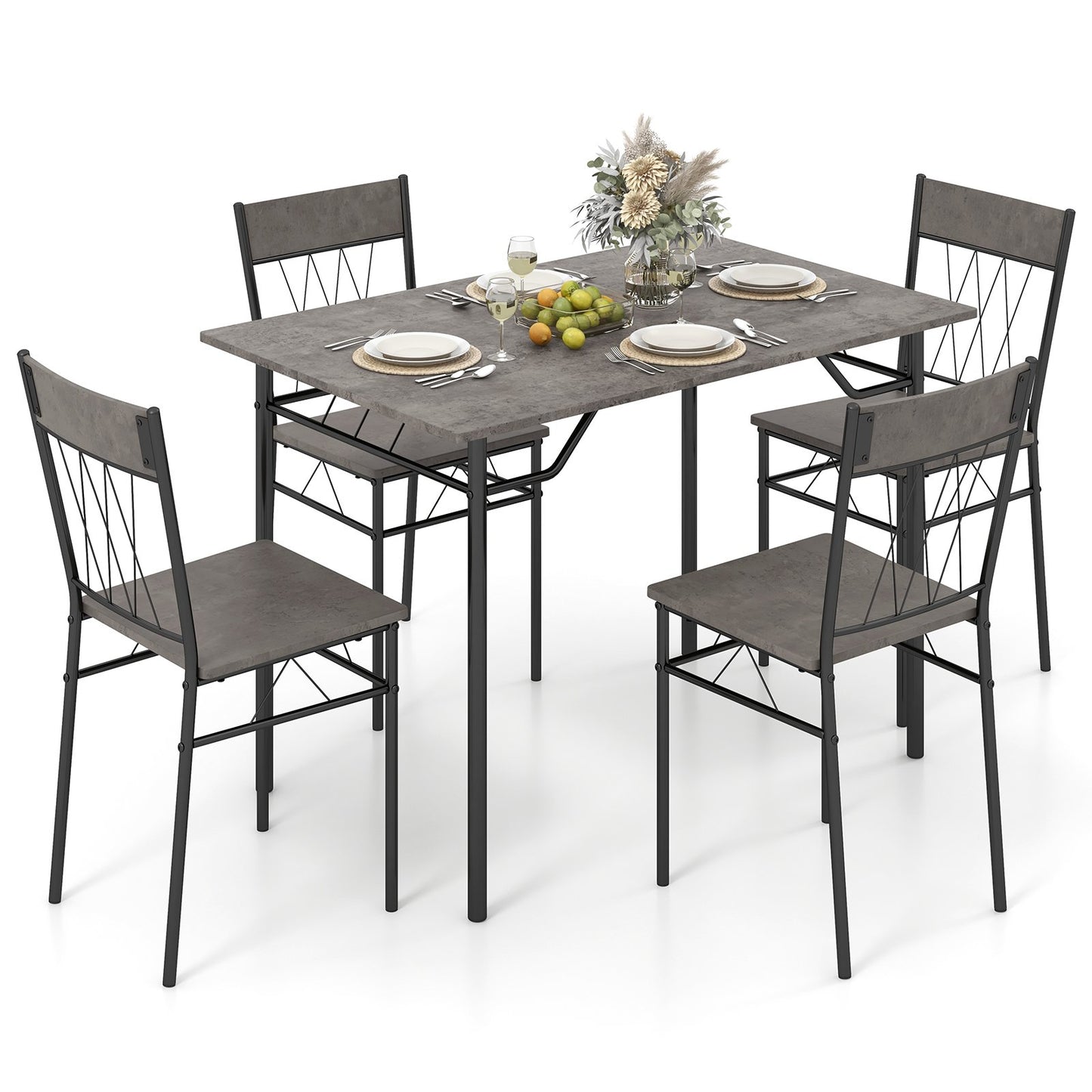 5-Piece Dining Table Set for 4 with Metal Frame for Living Room-Black