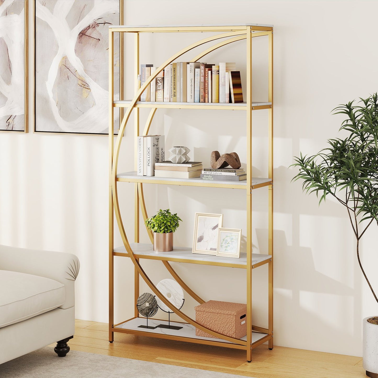 5-Tier Industrial Etagere Bookshelf with Open Storage Shelves and Arc-Shaped Design-Natural