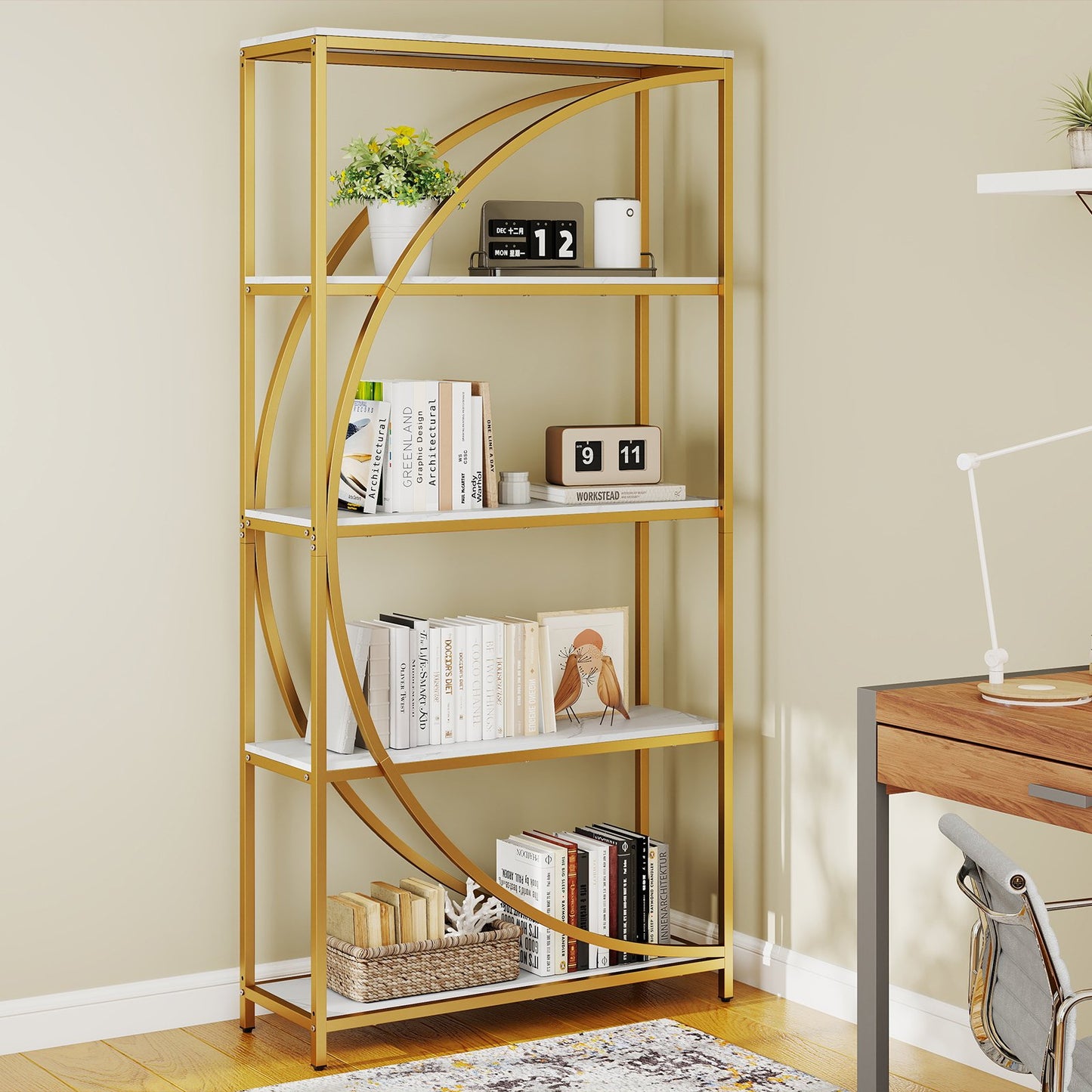 5-Tier Industrial Etagere Bookshelf with Open Storage Shelves and Arc-Shaped Design-Natural