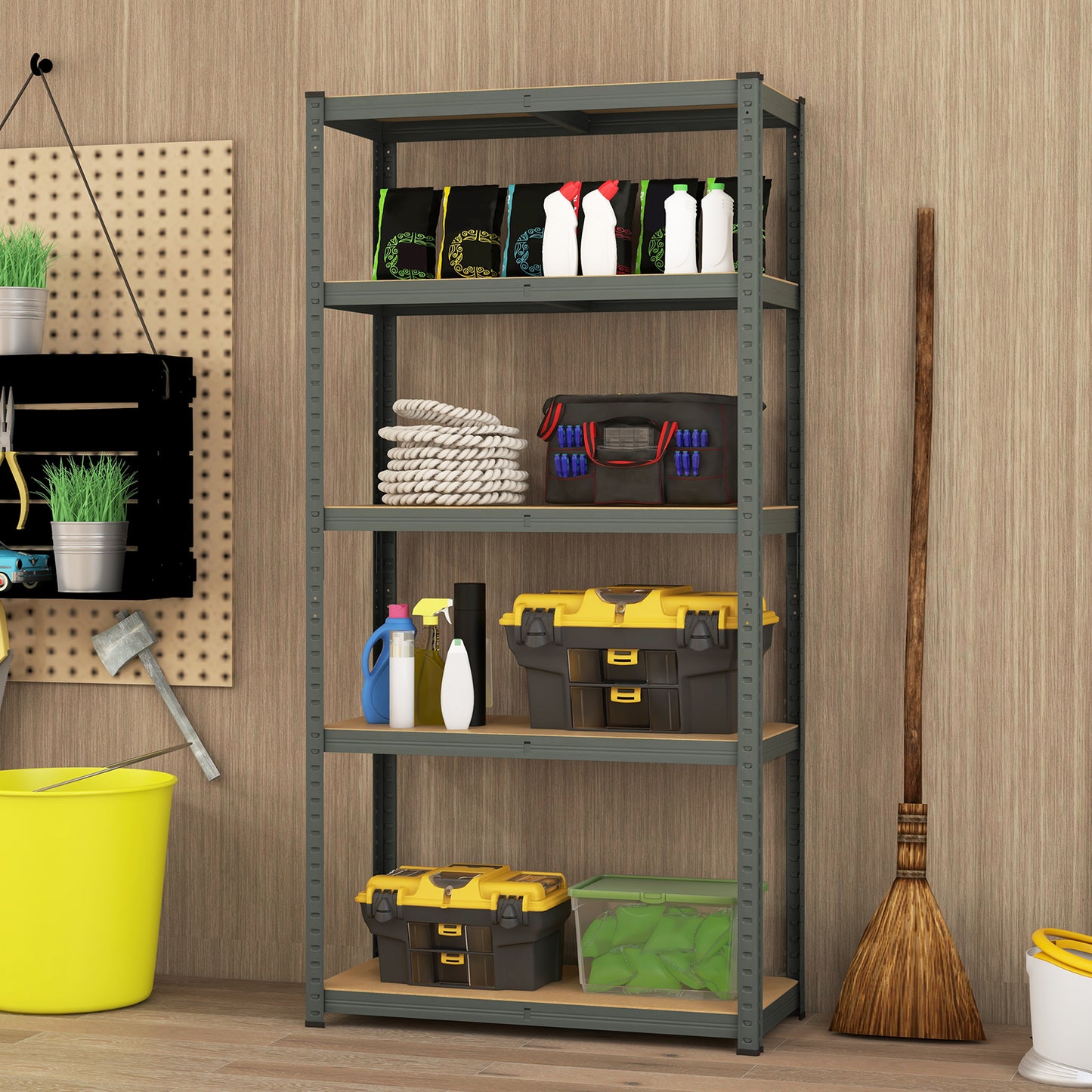 5-Tier Metal Shelving Unit with Adjustable Height and Anti-tipping Devices-Grey