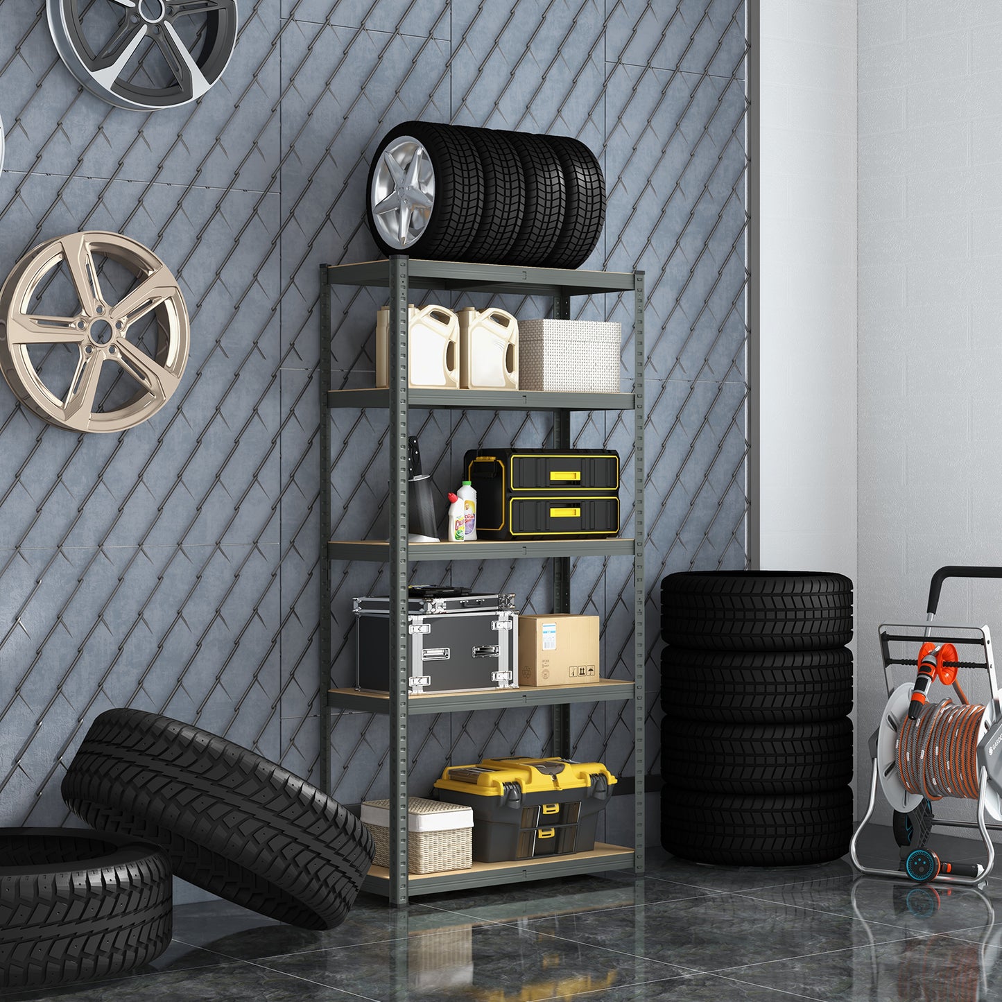 5-Tier Metal Shelving Unit with Adjustable Height and Anti-tipping Devices-Grey