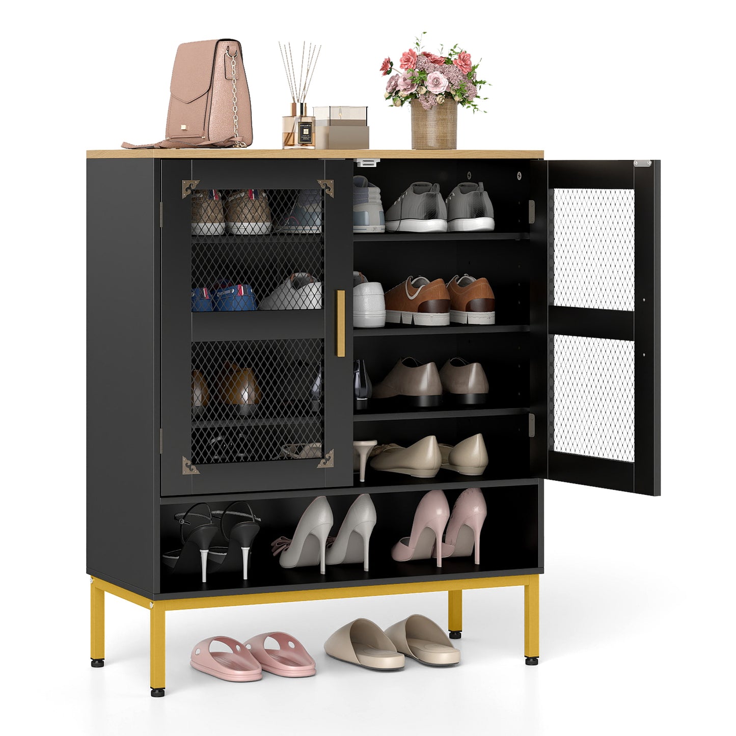 5-Tier Shoe Cabinet with Mesh Doors and Adjustable Shelves-Black