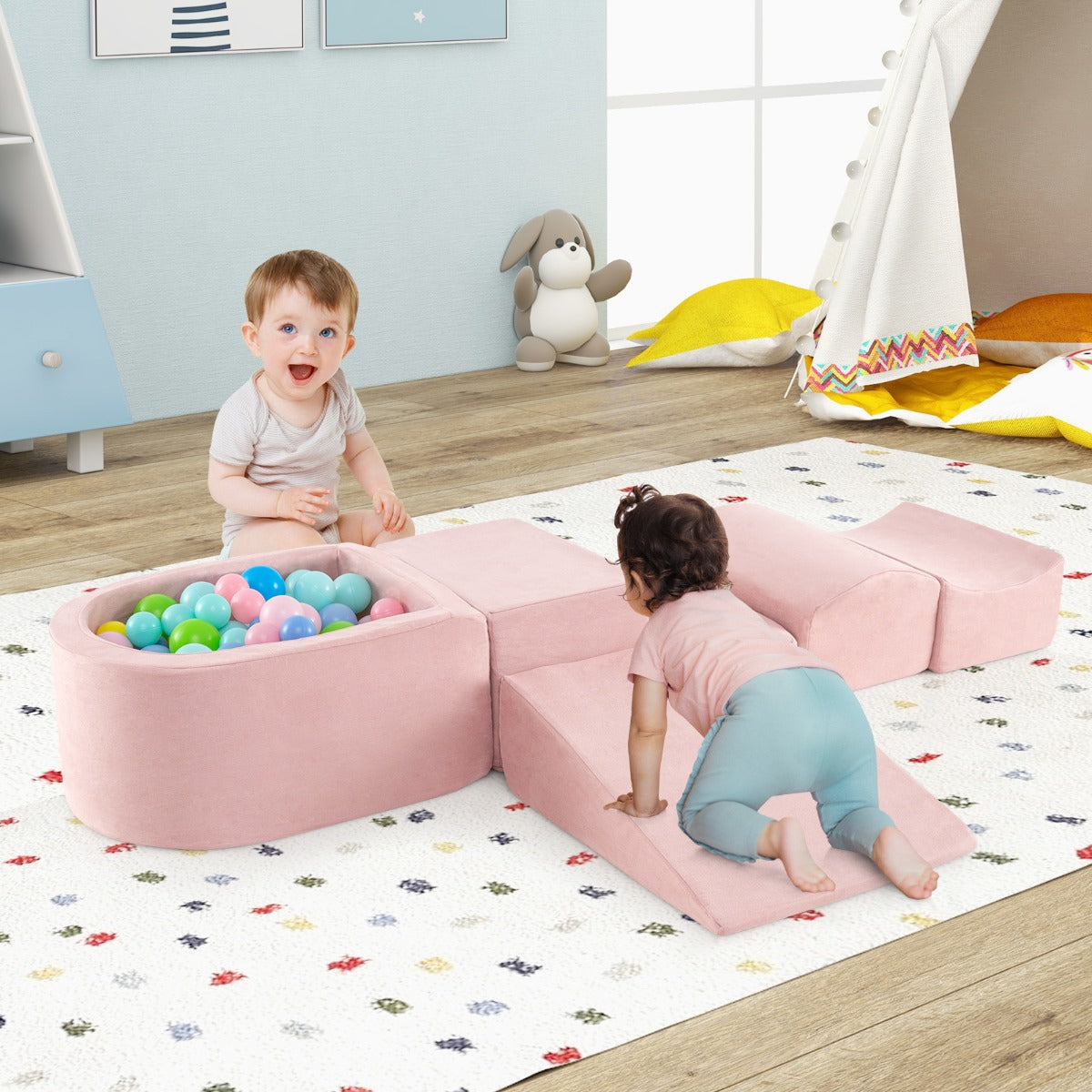 5-Piece Climb and Crawl Playset with Ball Pit for Kids-Beige
