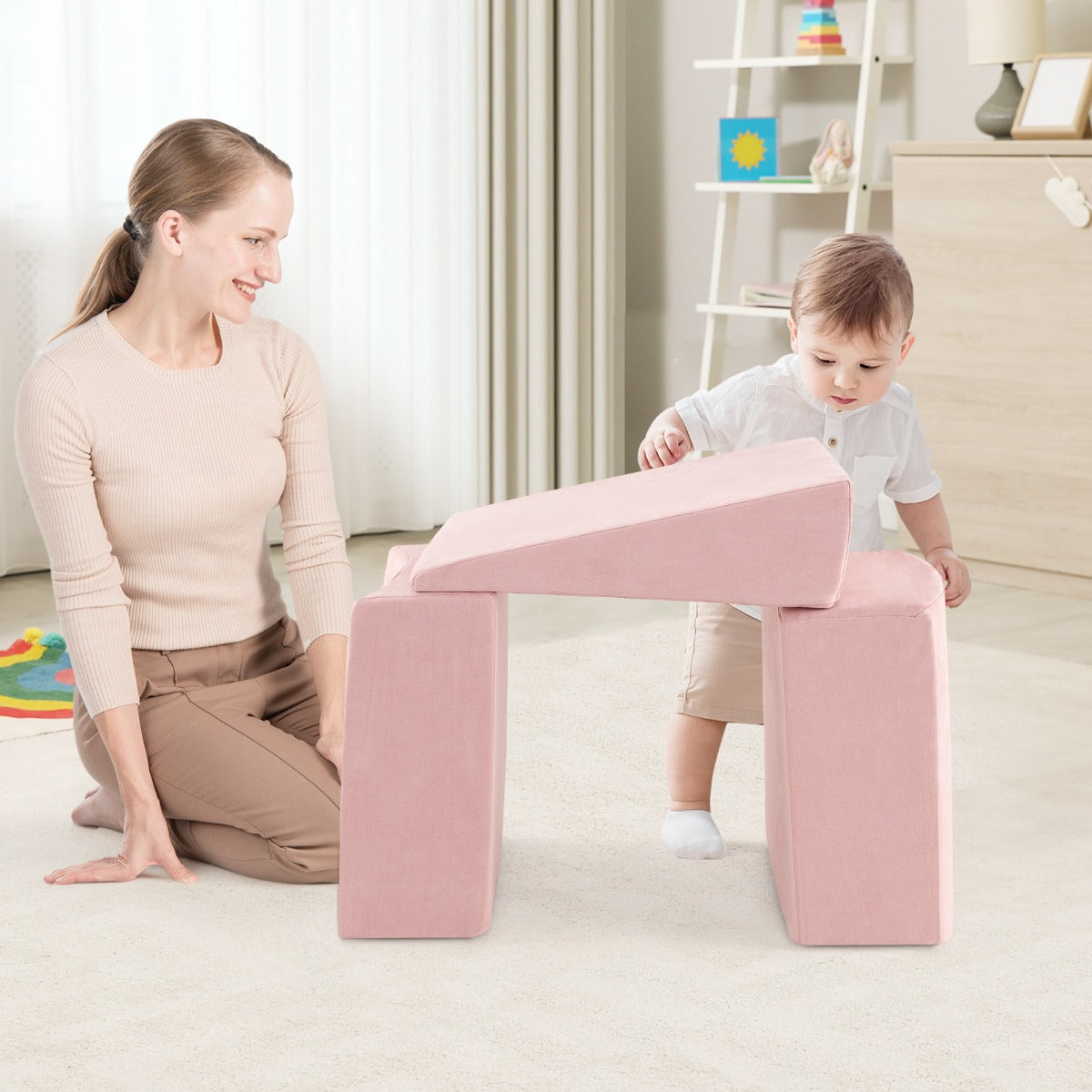 5-Piece Climb and Crawl Playset with Ball Pit for Kids-Beige