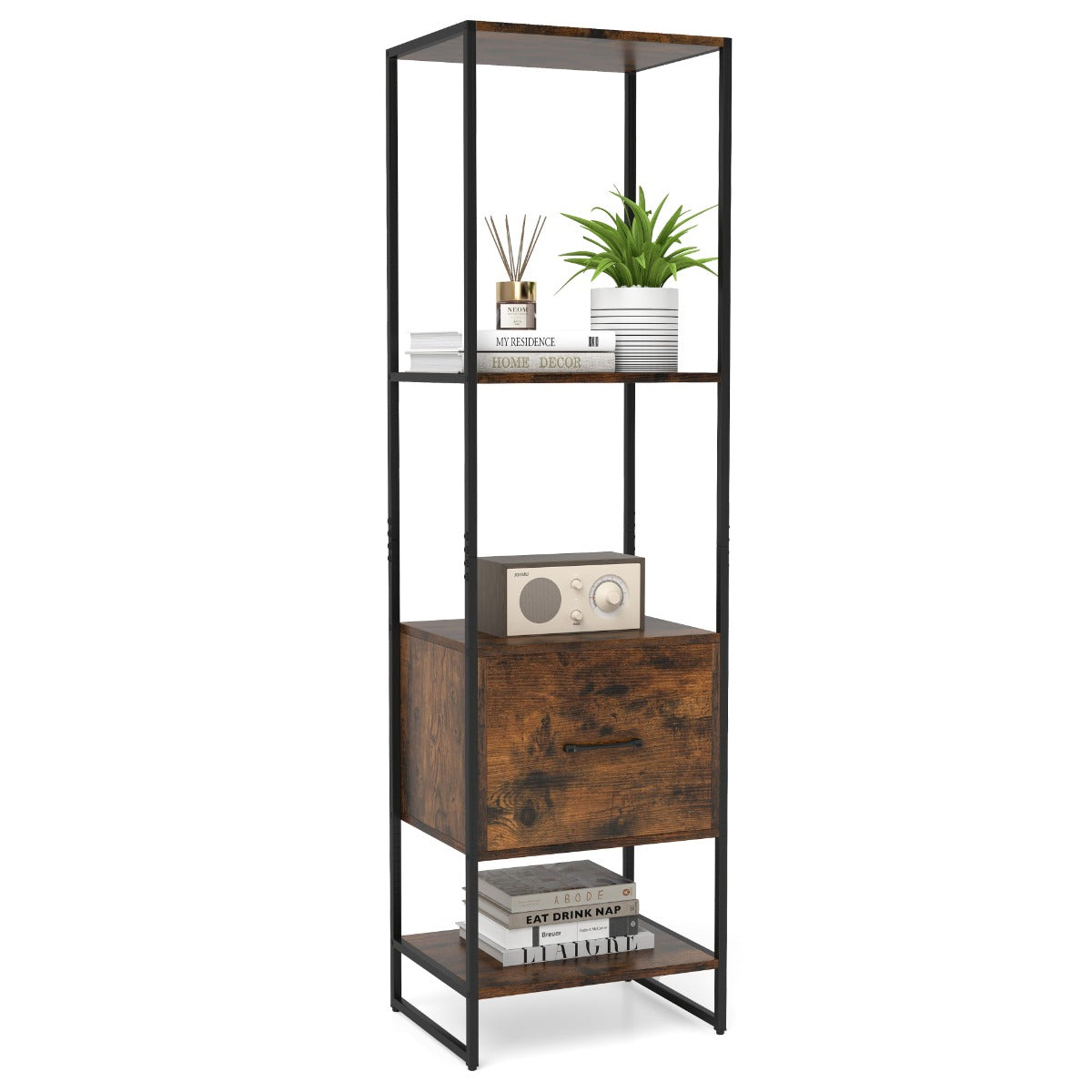 5-Tier Tall Narrow Bookcase Bookshelf with Drawer Shelves-White