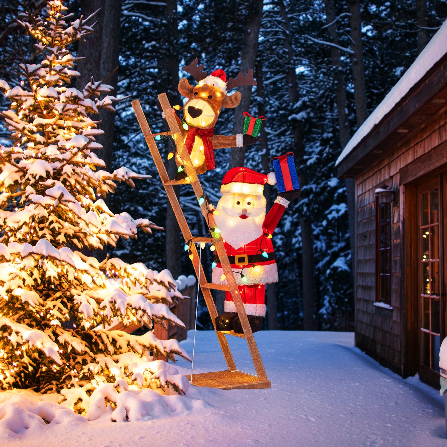 5.5 Feet Lighted Reindeer and Santa Claus on Ladder 3D Pre-Lit Indoor Outdoor