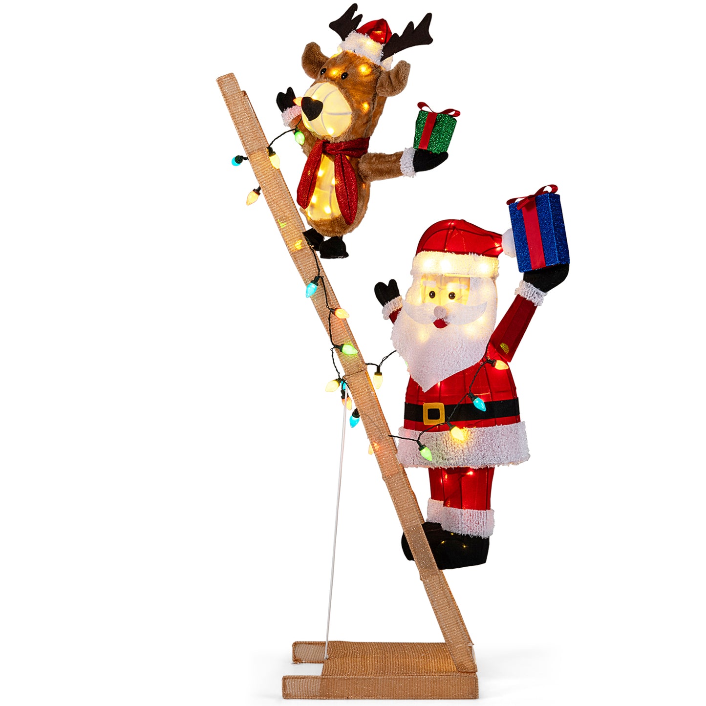 5.5 Feet Lighted Reindeer and Santa Claus on Ladder 3D Pre-Lit Indoor Outdoor