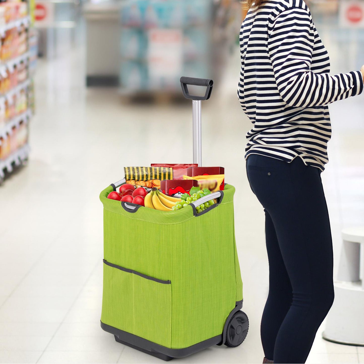50L Folding Shopping Cart with 3 Pockets and Retractable Handlebar-Black
