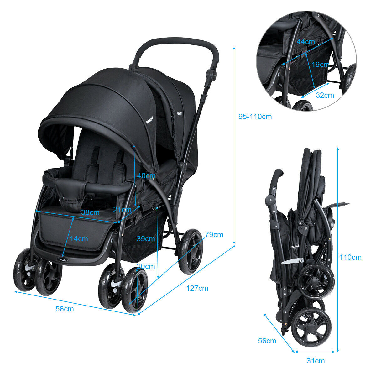 Double Pushchair with Adjustable Backrest and Sunshade-Blue