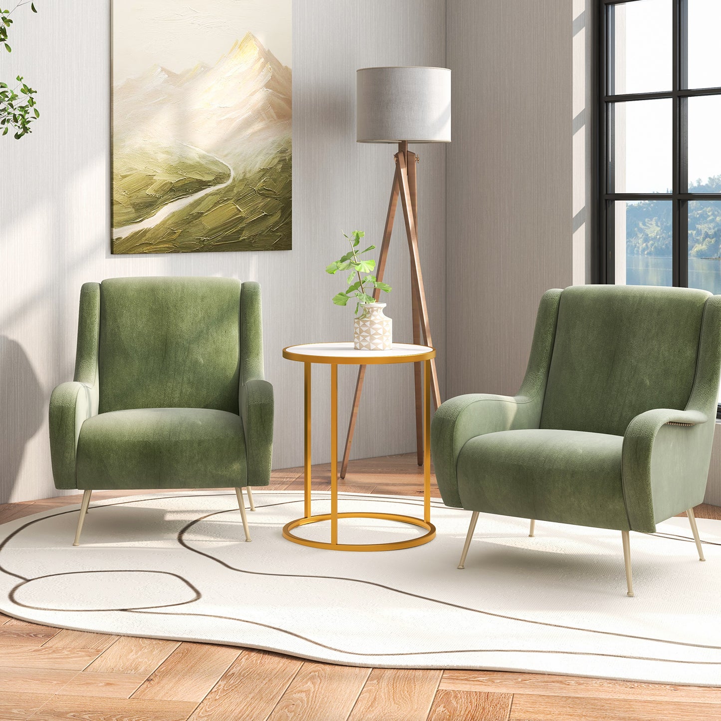 50 x 50 cm Marble Top Round Side Table with Golden Metal Frame-Golden-2 Pieces