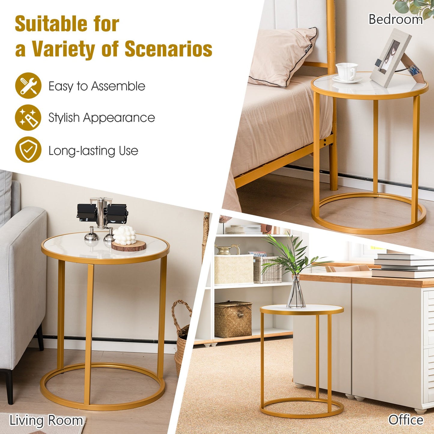 50 x 50 cm Marble Top Round Side Table with Golden Metal Frame-Golden-2 Pieces
