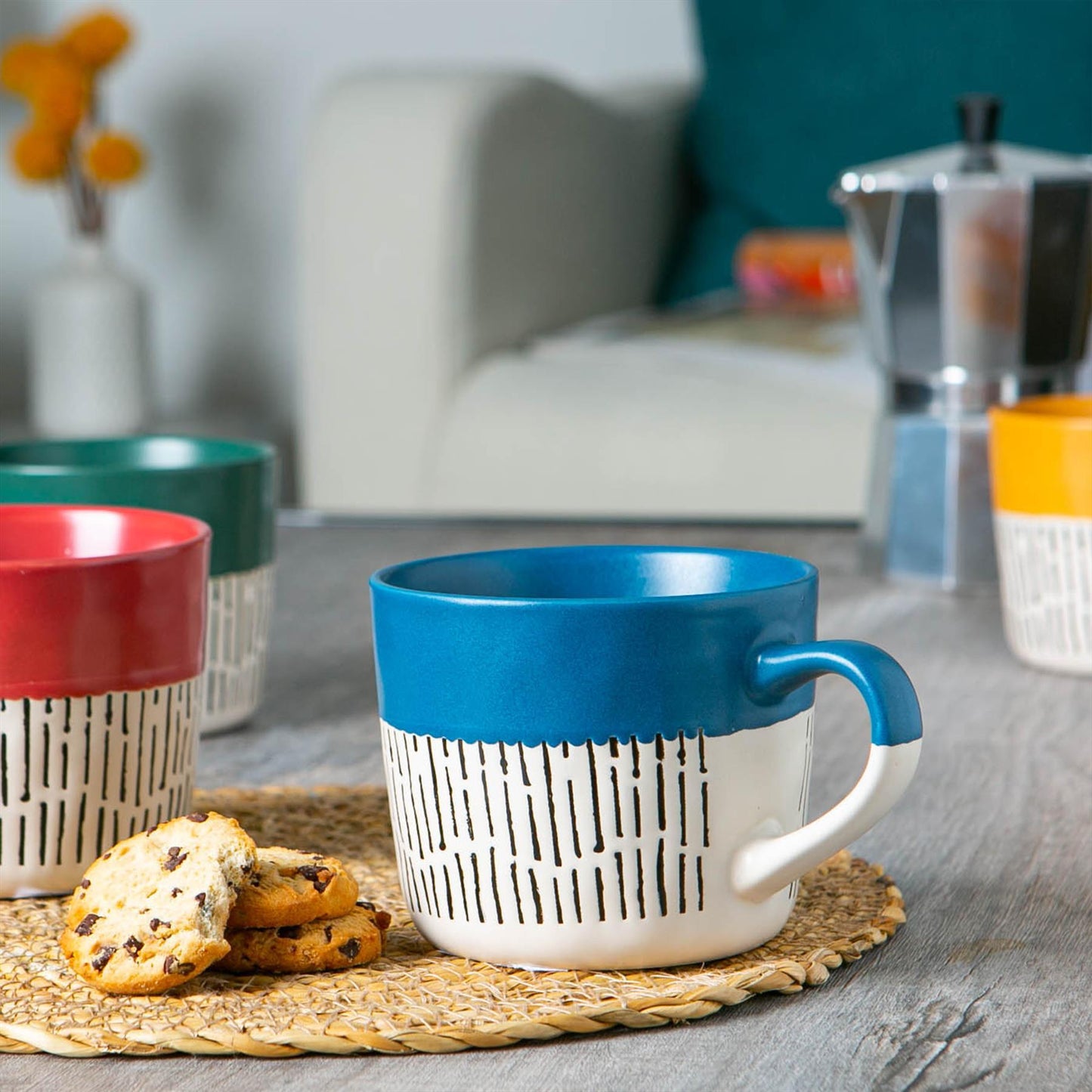 450ml Blue Colour Block Dash Stoneware Coffee Mugs - Pack of Six